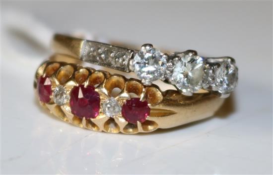 3 stone diamond ring and a 5 stone ruby and diamond ring